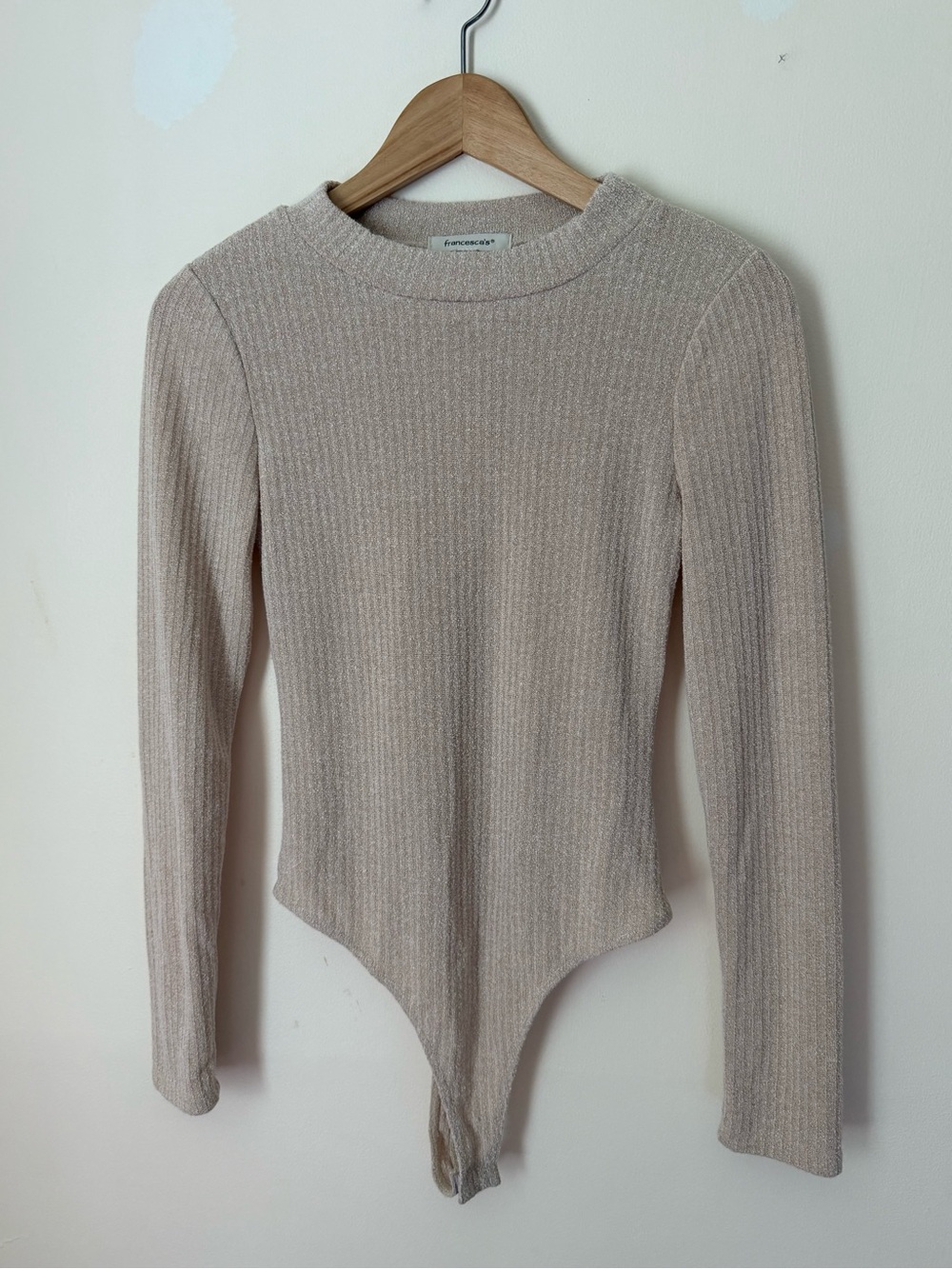 Francesca's Collections Beige Ribbed Long-Sleeve Bodysuit